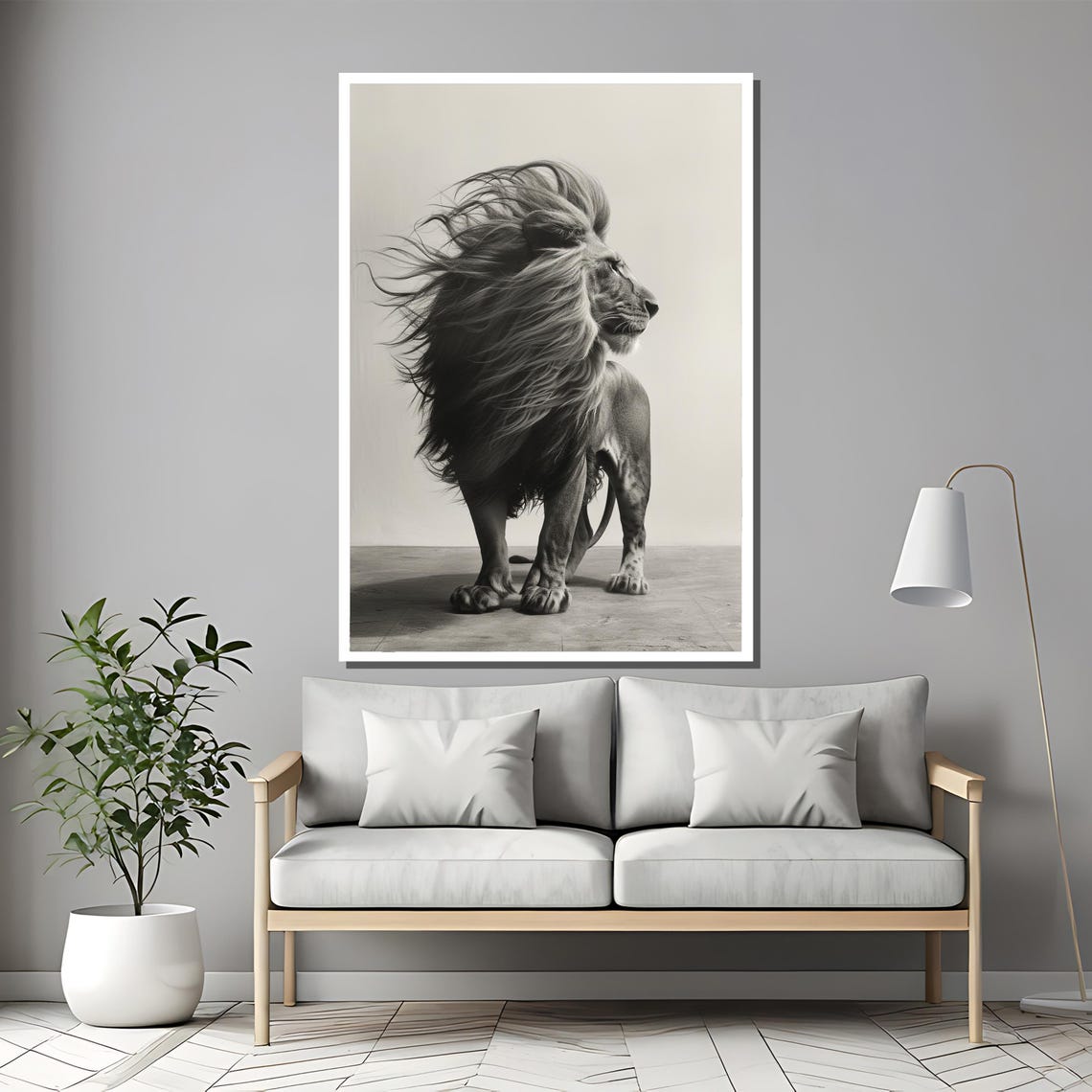 Standing Lion with Windswept Mane Black White Art Wall Poster - Image 2