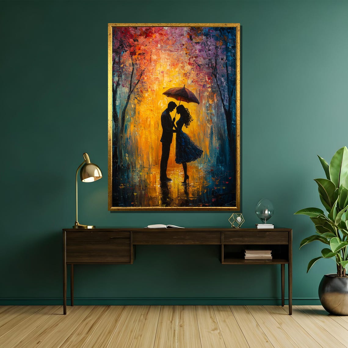 Romantic Rain Couple Under Umbrella Colorful Textured Art Poster - Image 5