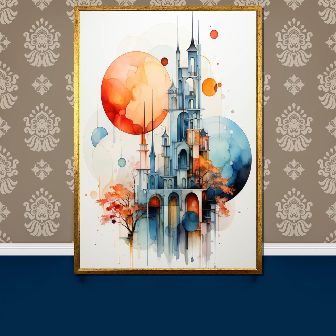 Whimsical Watercolor Fantasy Castle With Floating Balloons Art Poster