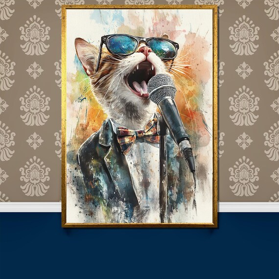 Cool Crooner Cat in Sunglasses Singing Jazz Into a Microphone Poster
