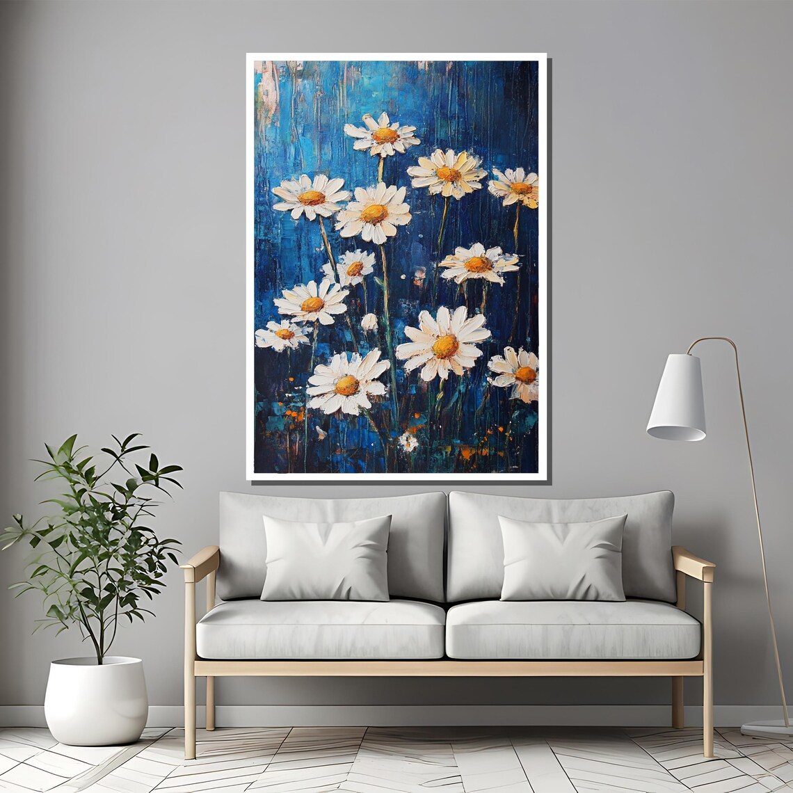 White Daisies on a Dark Blue Impasto Textured Floral Painting Poster - Image 2