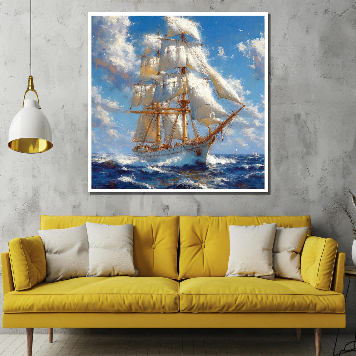 Tall Ship Full Sails Open Ocean Blue Sea Painting Canvas Poster - Image 2