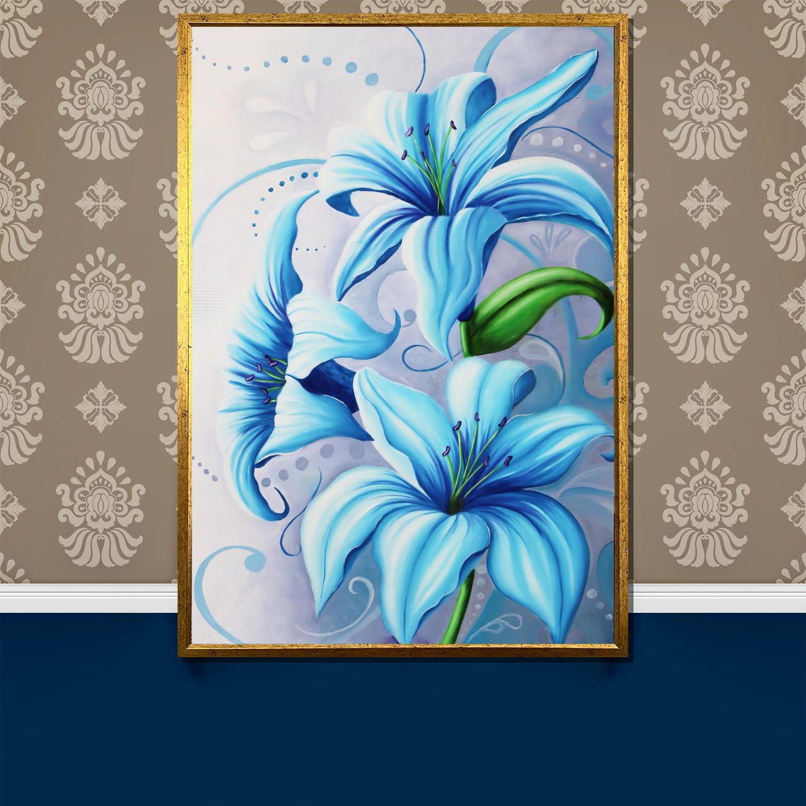Elegant Blue Lily Stylized Floral Swirl Light Blue Art Poster