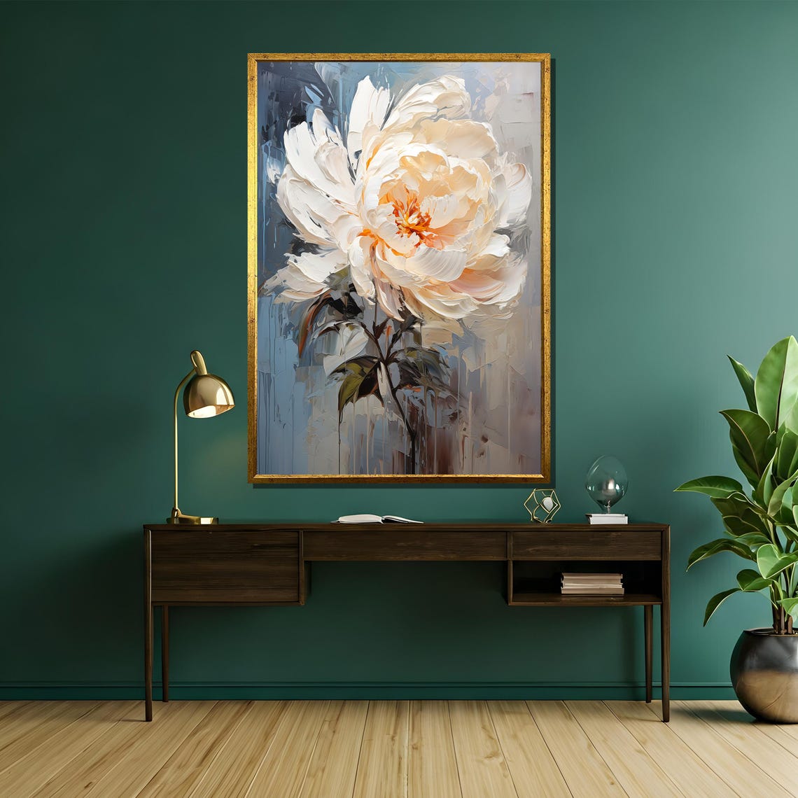 White Peony Warm Peach Center Blue Gray Floral Painting Poster - Image 5