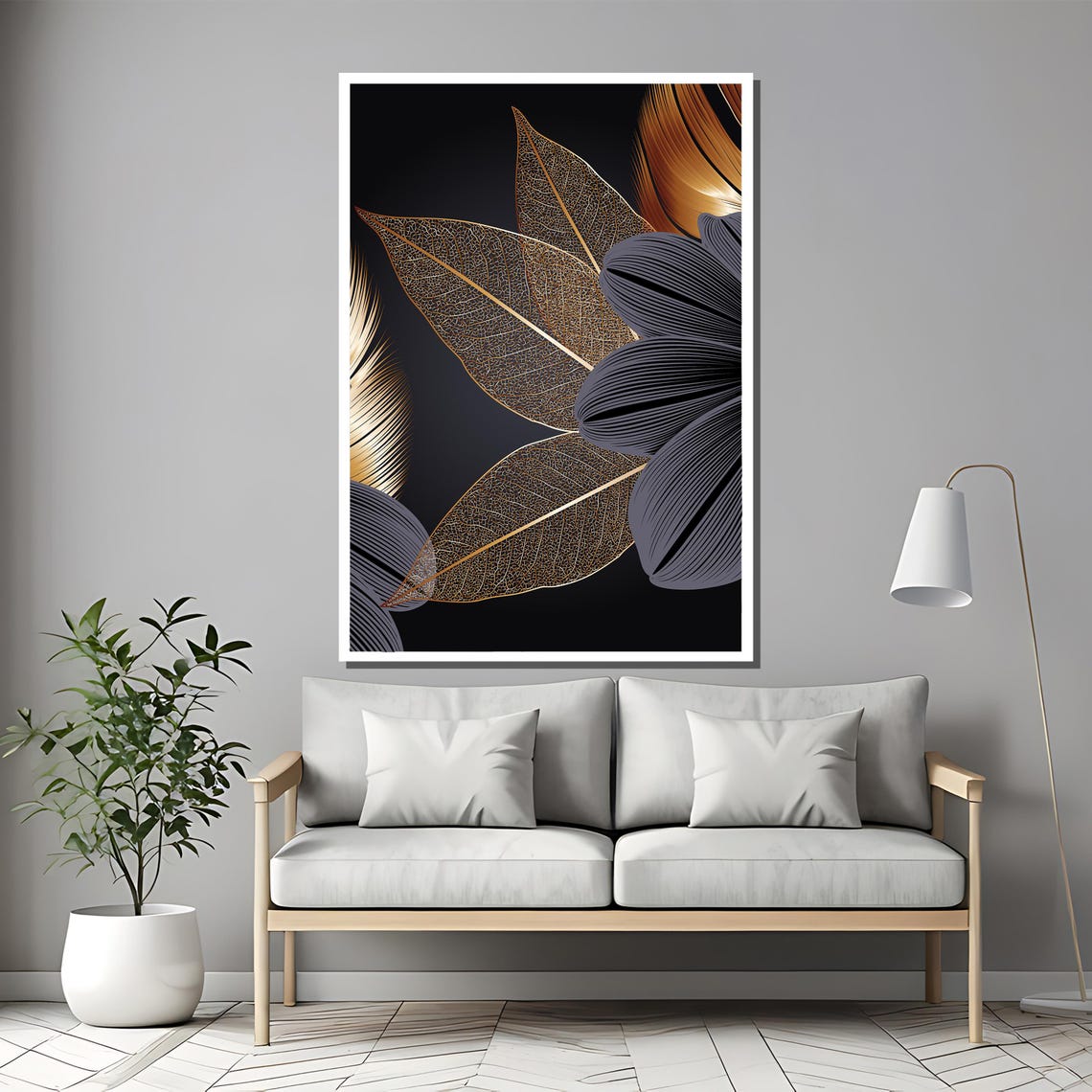 Golden Translucent Leaves And Dark Florals Luxury Art Poster - Image 2