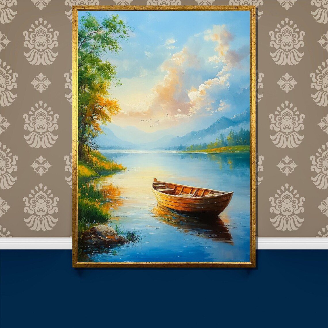 Wooden Rowboat on Calm Sunrise Lake Tranquil Landscape Painting Poster