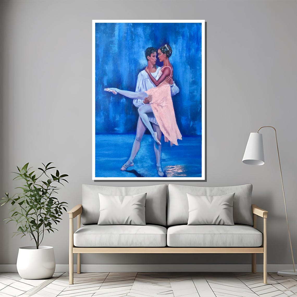 Elegant Ballet Dancers Lift On Blue Stage Romantic Painting Poster - Image 2