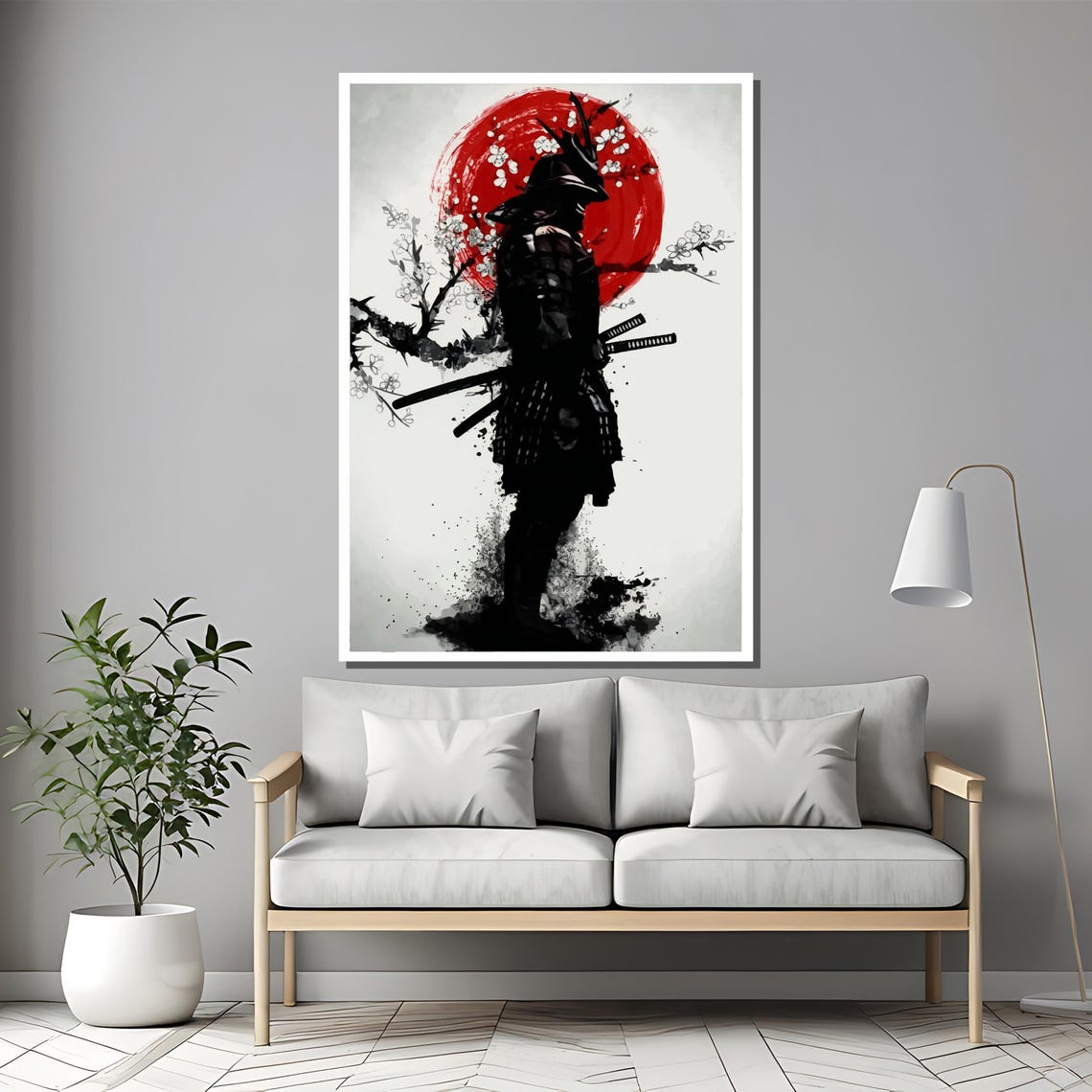 Japanese Samurai Silhouette Red Rising Sun Cherry Blossom Poster - Image 2