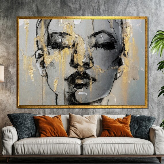 Abstract Face Painting With Gold Accents Luxury Wall Art Gift For Elegant Home Or Office Decor