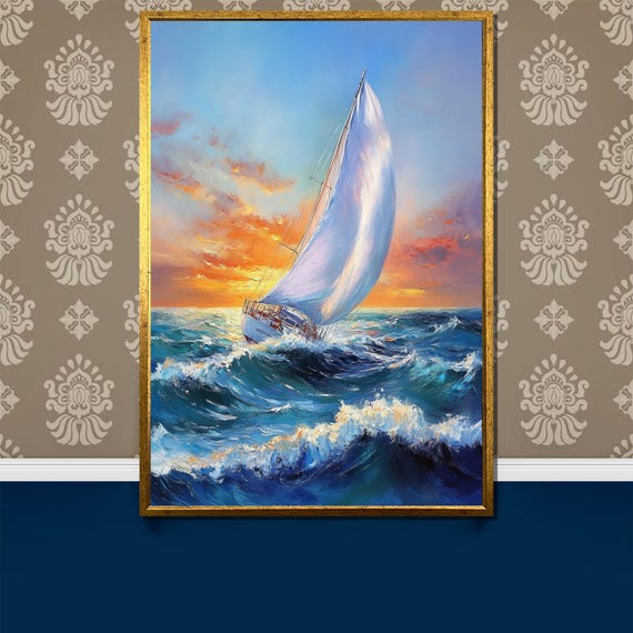 Sailing Adventure Painting Ocean Waves And Sunset Seascape Art Yacht At Sea Wall Decor Vibrant Nautical Gift For Sailing Lovers