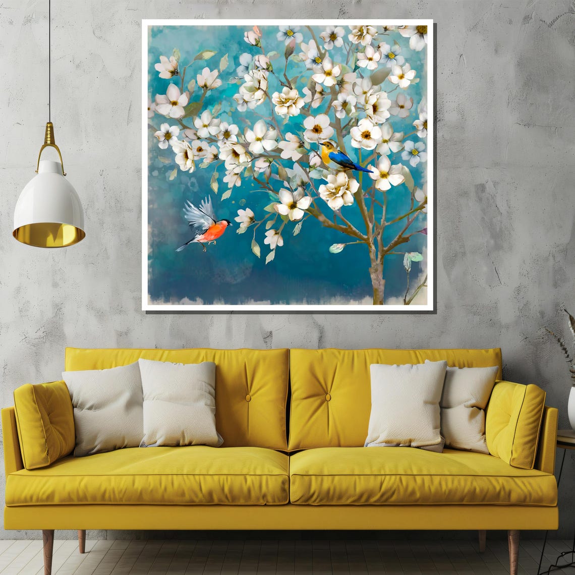 White Blossom Tree with Colorful Birds Spring Painting Poster - Image 2