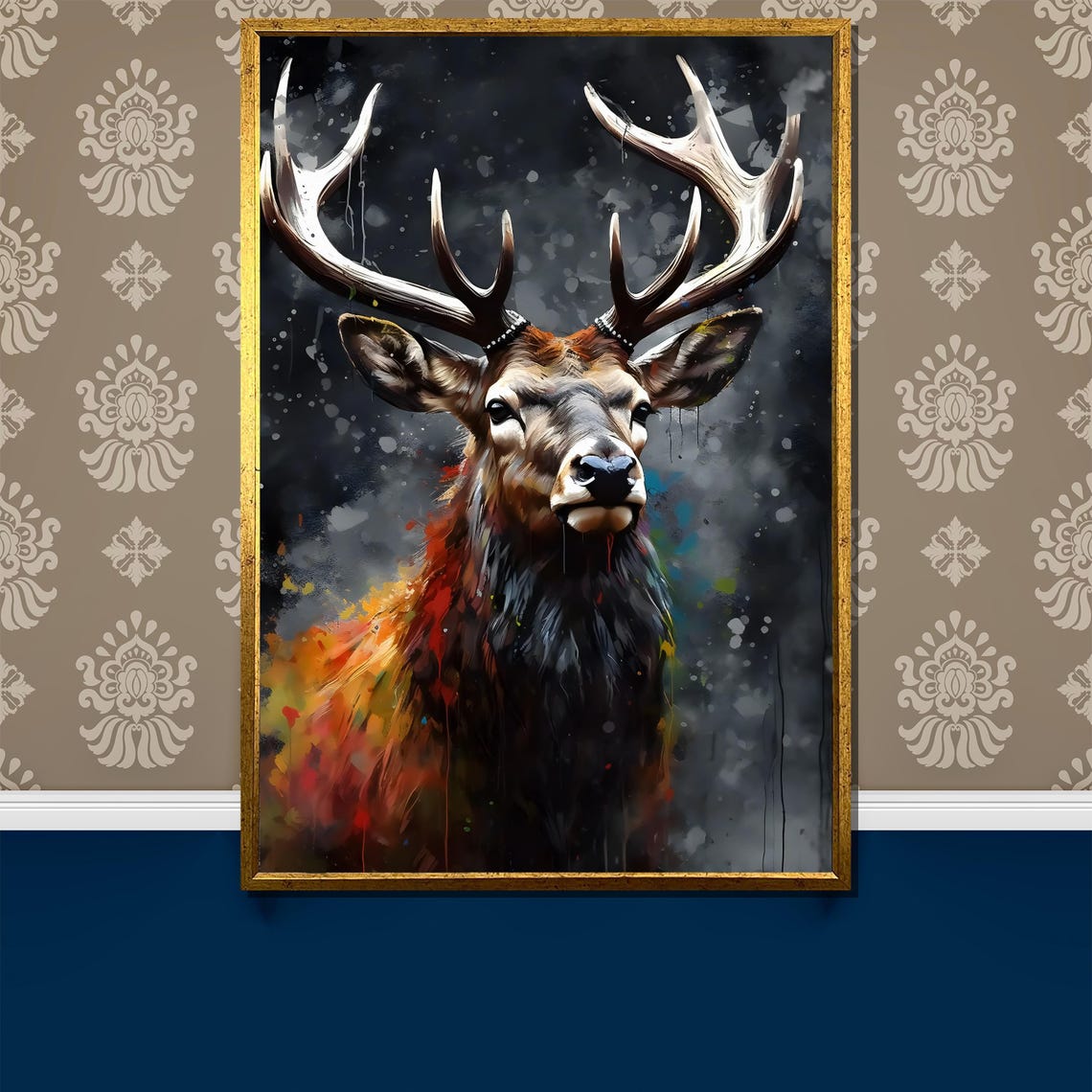 Majestic Stag Portrait with Vibrant Abstract Deer Artwork Poster