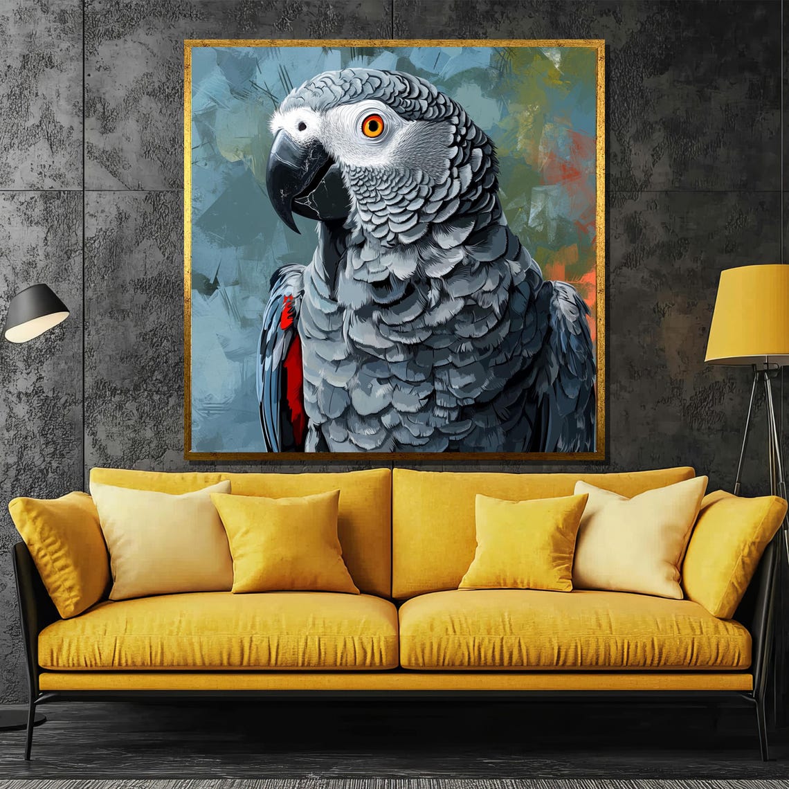 Scarlet Tail African Grey Parrot Portrait Vivid Wildlife Art Poster