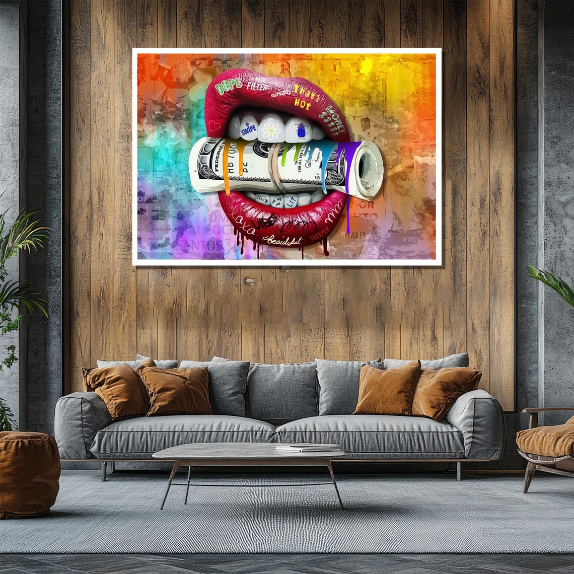 Red Lips Biting Money Roll Dope No Filter Pop Art Style Poster - Image 2