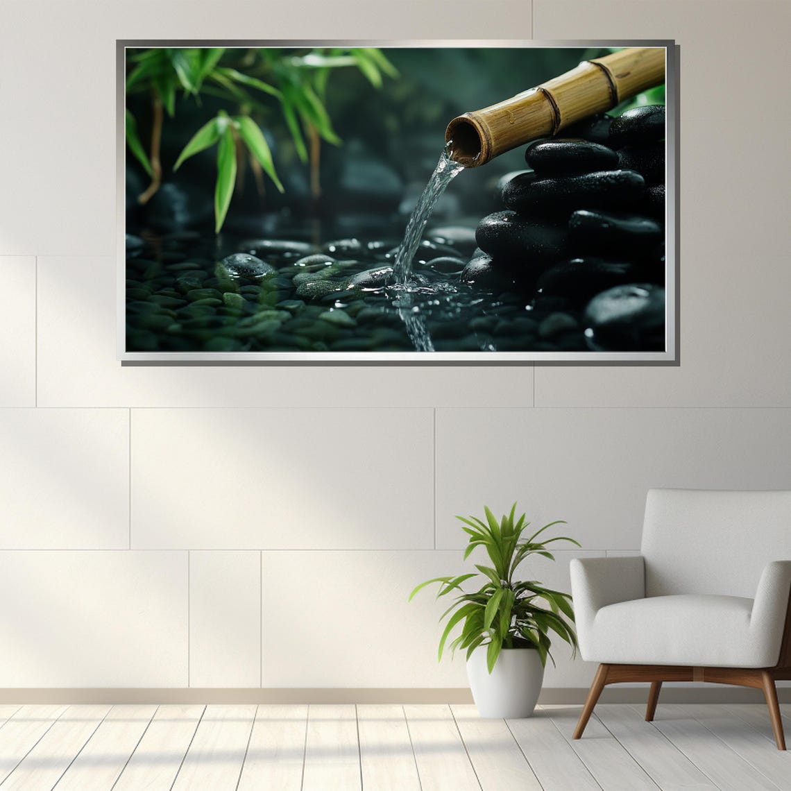 Bamboo Fountain Pouring Water Over Smooth Black Pebbles Poster - Image 3
