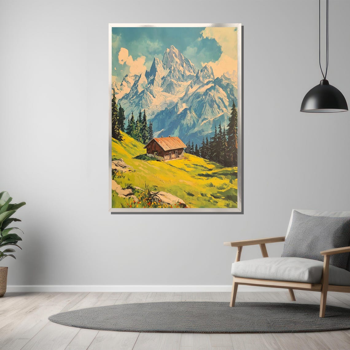 Alpine Cabin In A Green Meadow Below Towering Snowy Peaks Poster - Image 3