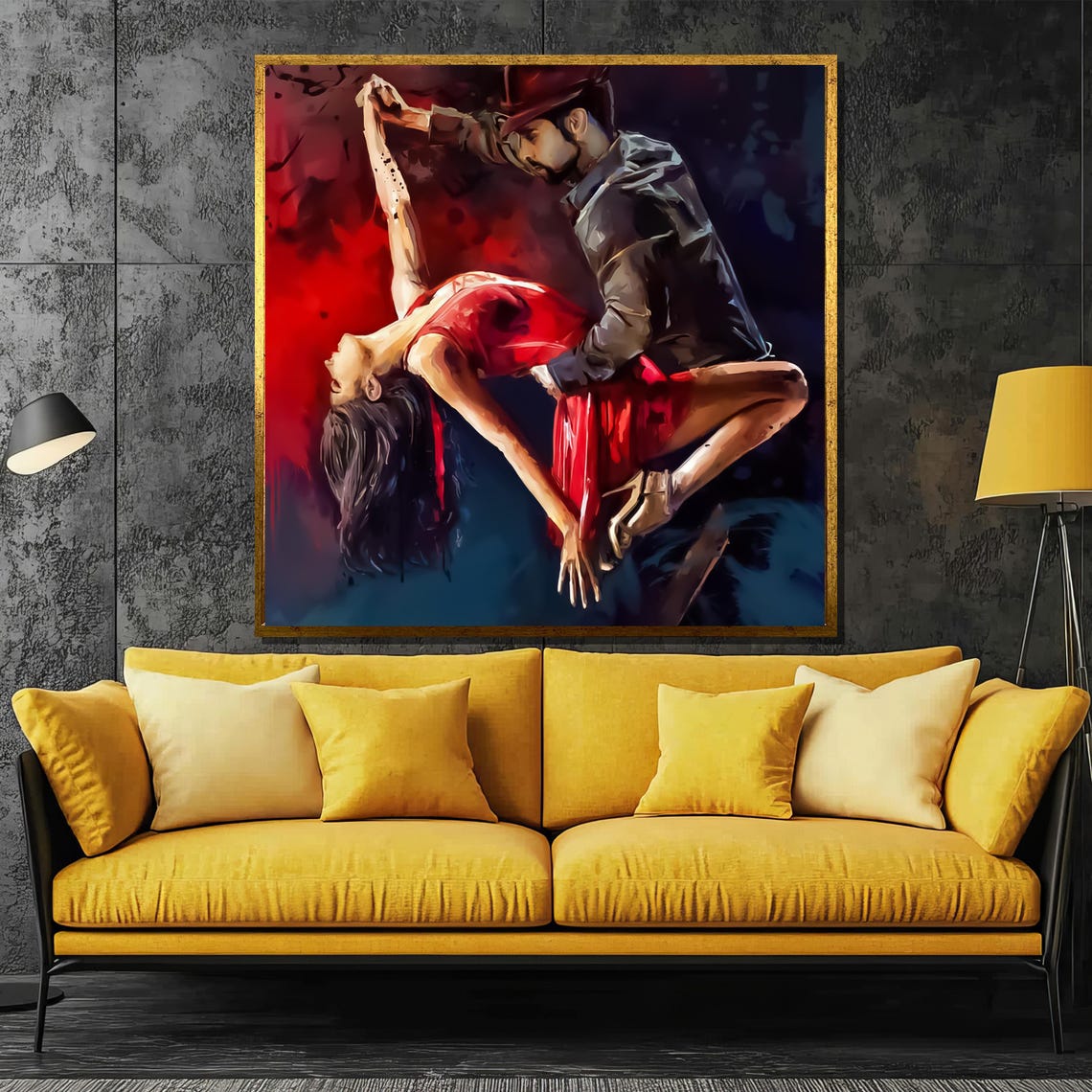 Dramatic Salsa Dip in Red Dress Moody Dark Night Oil Art Poster