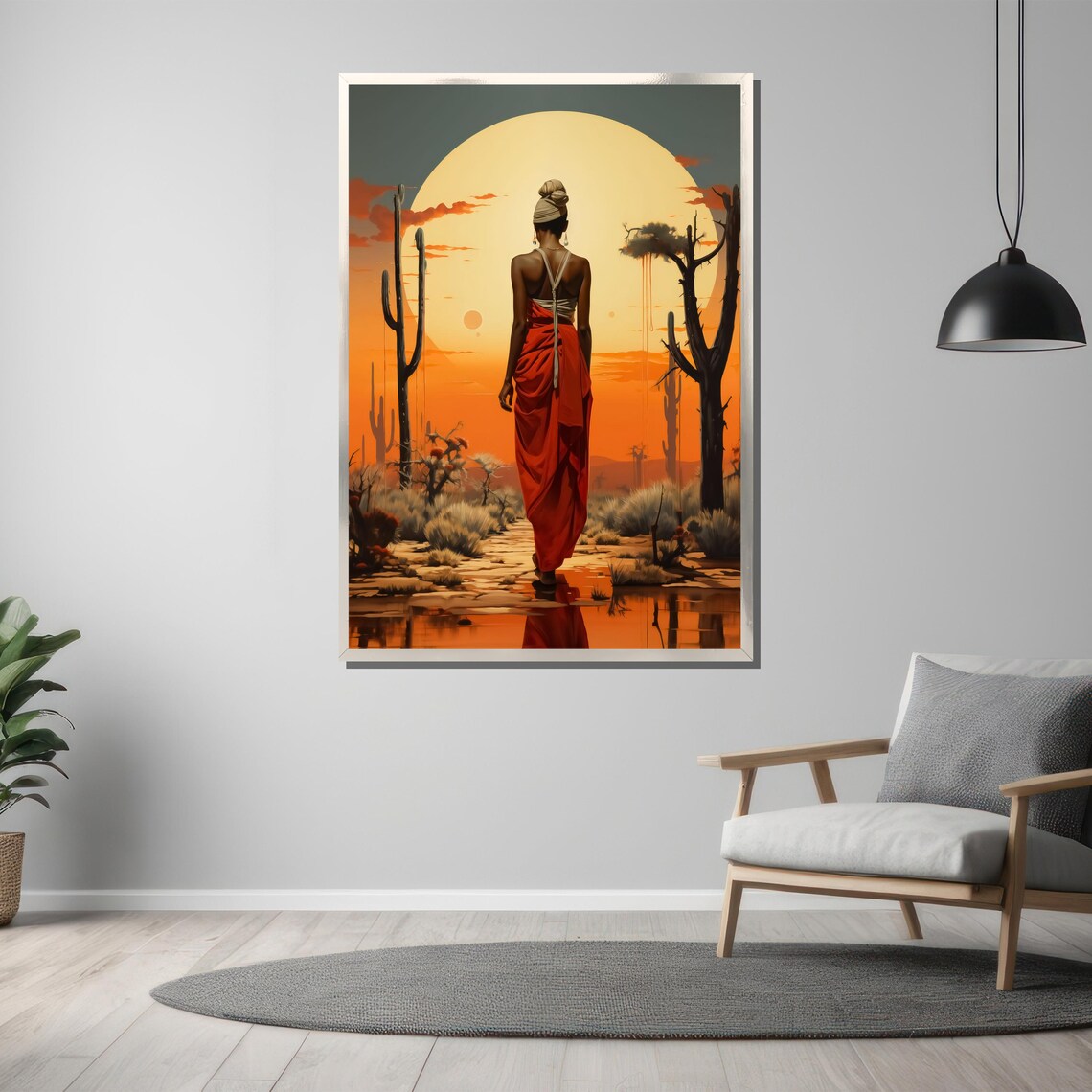 Desert Sunset Woman Walking Toward Giant Golden Sun Art Poster - Image 3