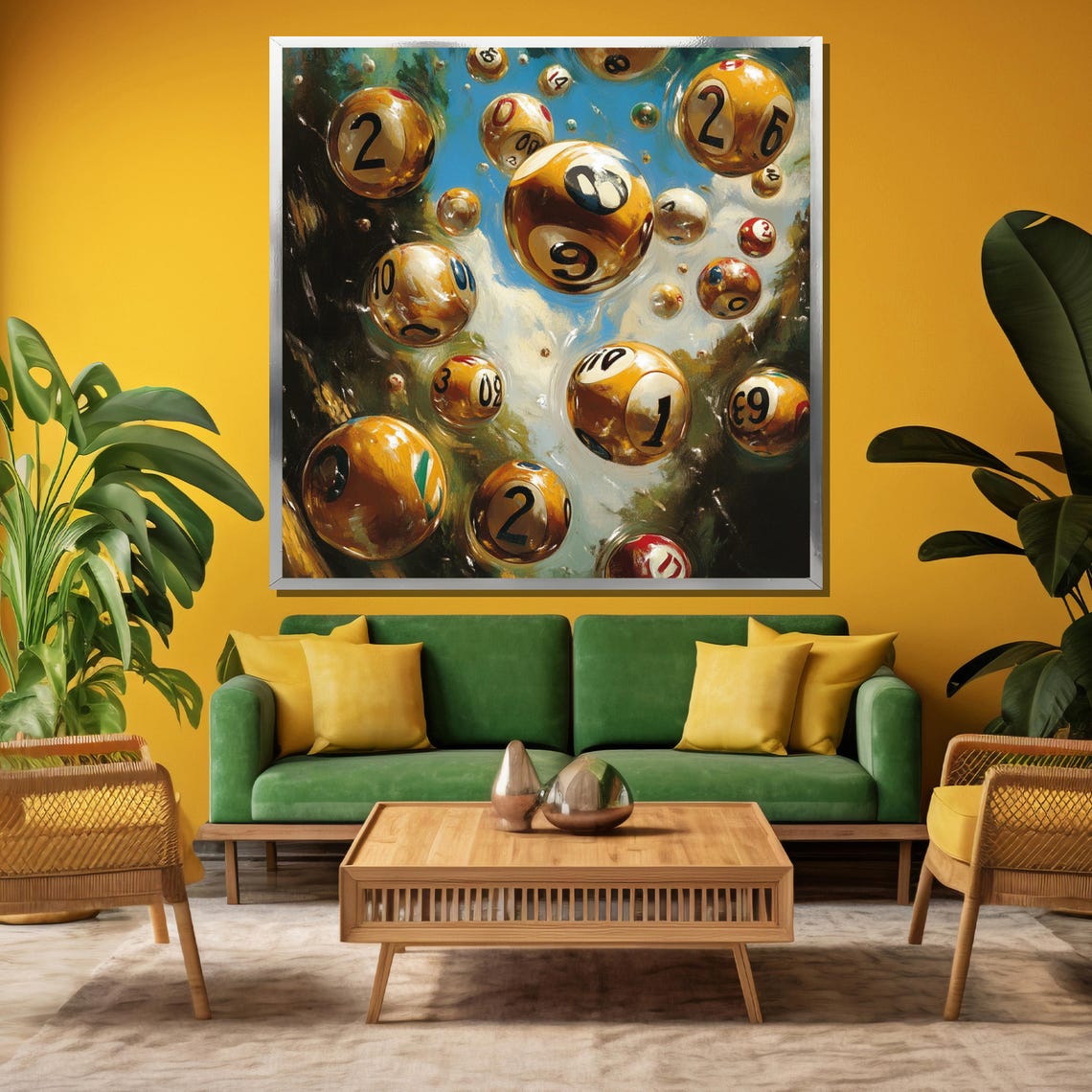 Surreal Golden Numbered Balls Floating in a Dreamy Blue Sky Poster - Image 3