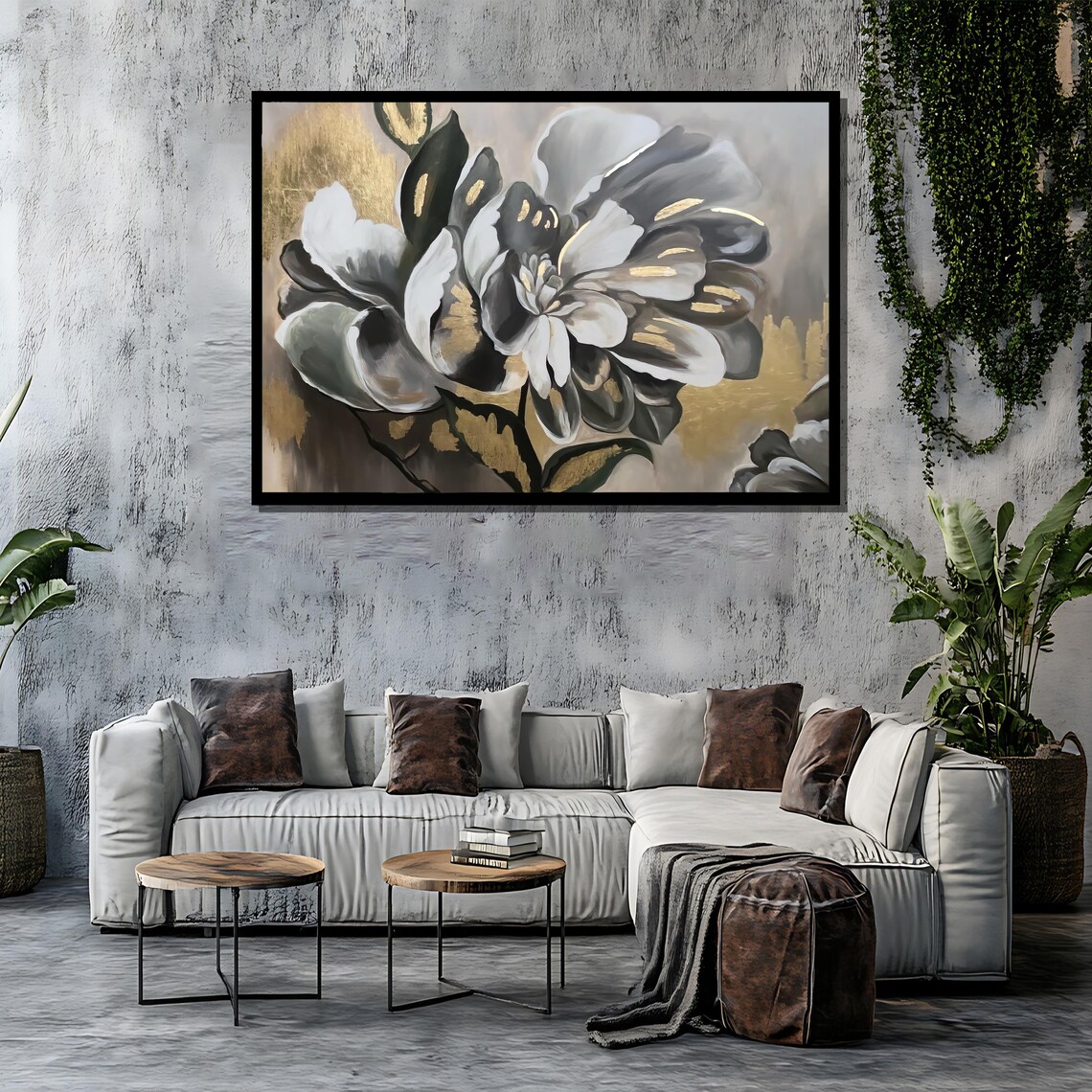 Monochrome Magnolia Bloom with Gold Accents in a Modern Floral Poster - Image 4