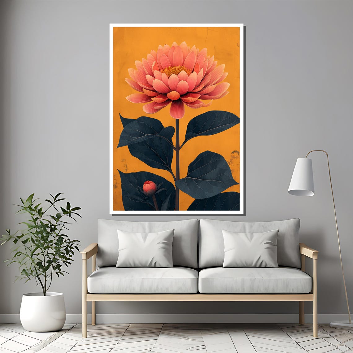 Coral Bloom with Dark Leaves on an Orange Botanical Art Poster - Image 2