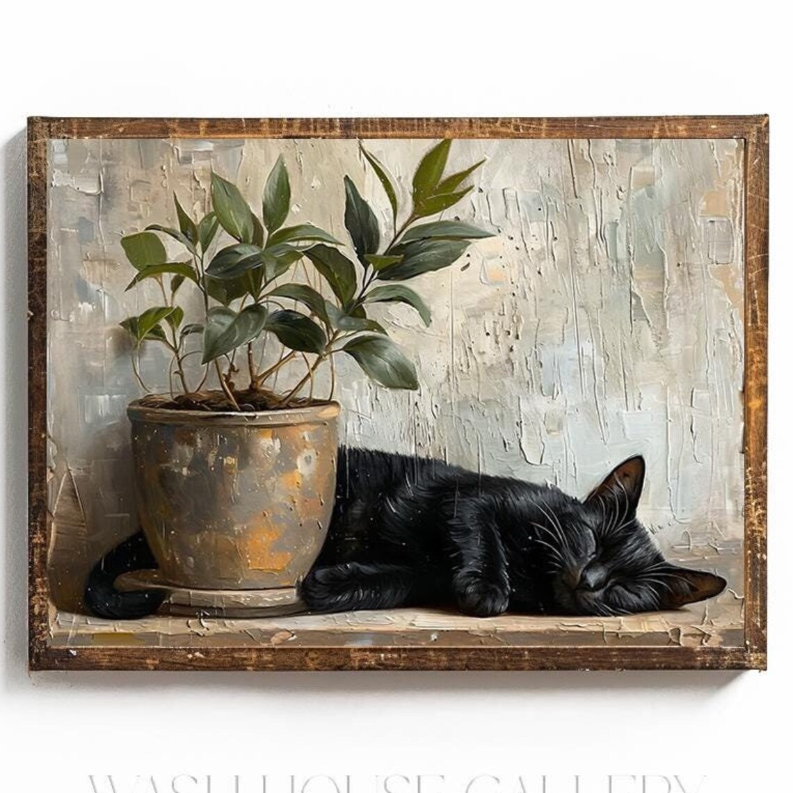Black Cat Sleeping Beside a Potted Plant on a Wooden Shelf Poster