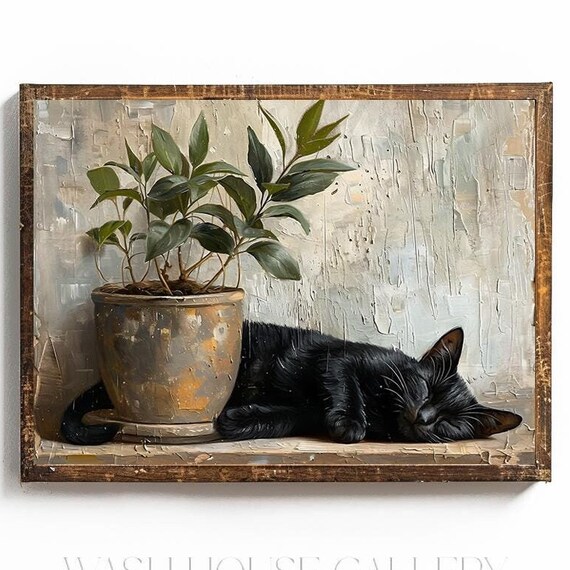 Black Cat Sleeping Beside a Potted Plant on a Wooden Shelf Poster
