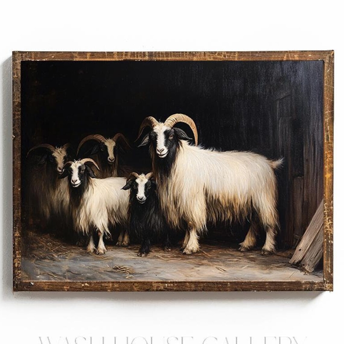 Goats Gathered Inside a Dark Barn Vintage Farm Animal Painting Poster
