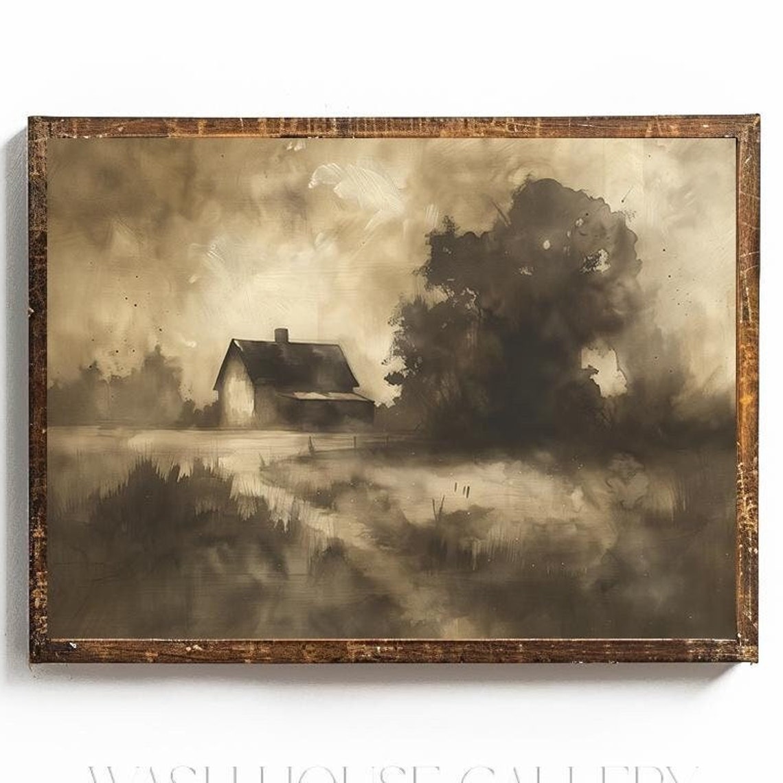 Dark Vintage Sepia Moody Barn Silhouette in a Misty Field Poster
