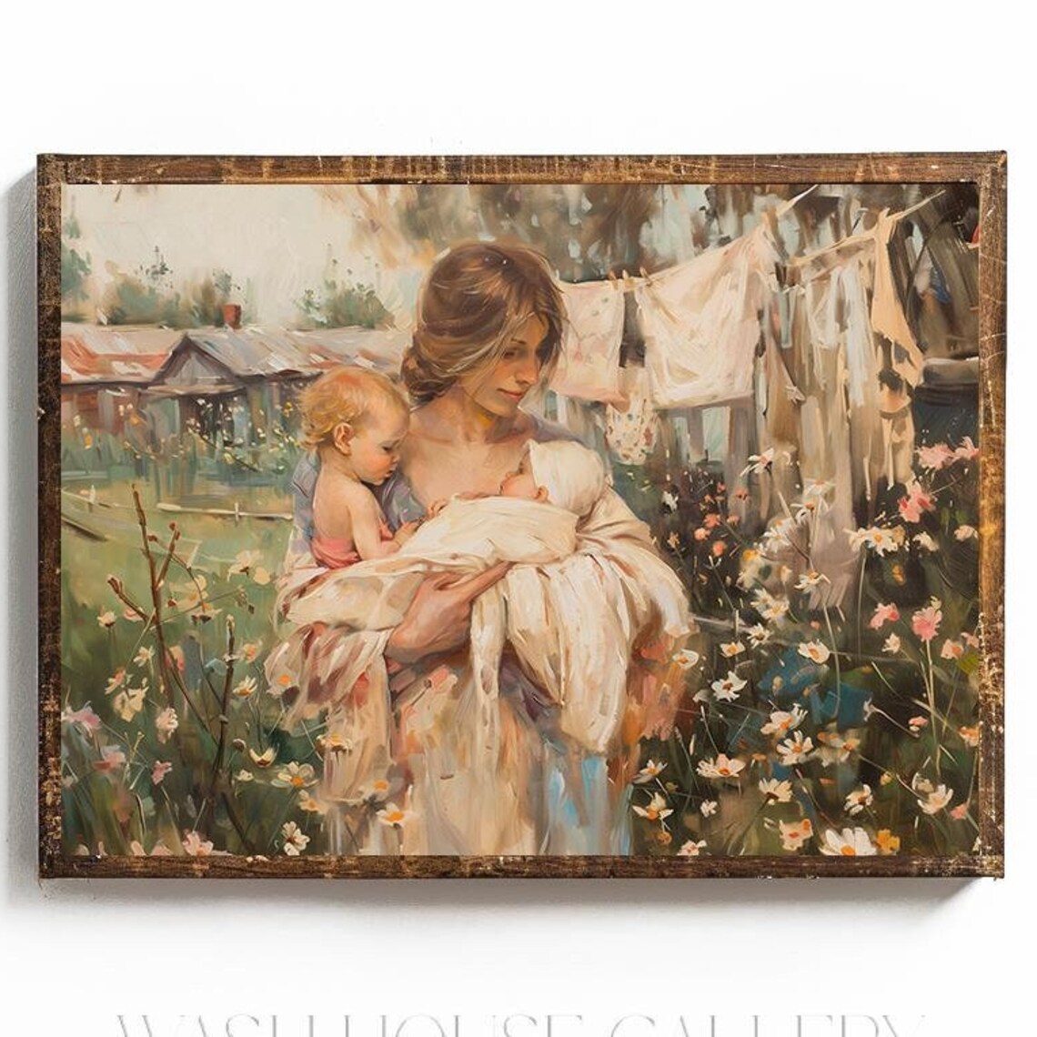 Mother Holding Two Children by a Homestead Clothesline Poster