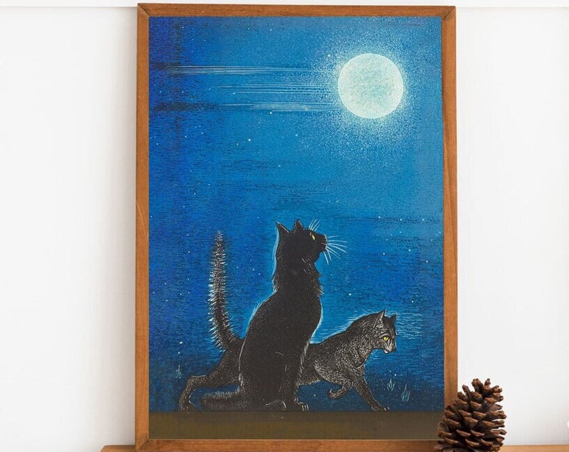 Black Cats Moonlight Full Moon Night Blue Sky Feline Art Poster