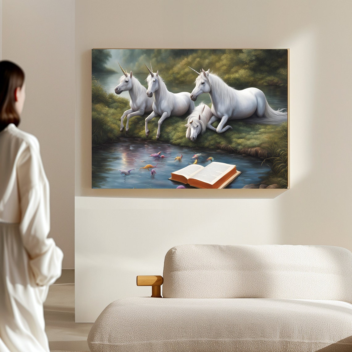 Whimsical Unicorns Resting by a River with an Open Book Poster - Image 4