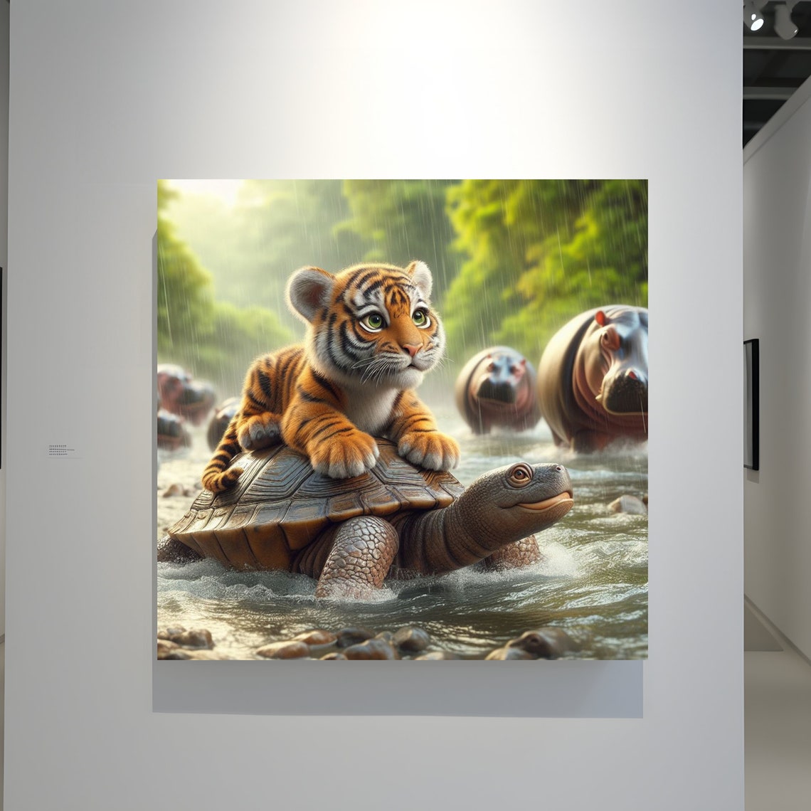 Cute Tiger Cub Riding A Tortoise Across A Rainy Jungle River Poster - Image 3
