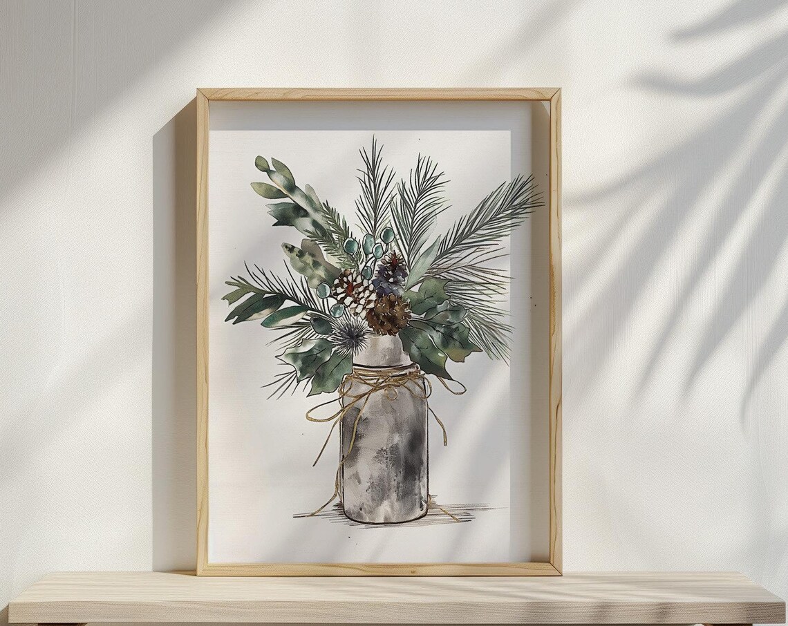 Winter Pine Bouquet Watercolor Christmas Botanical Jar Floral Print