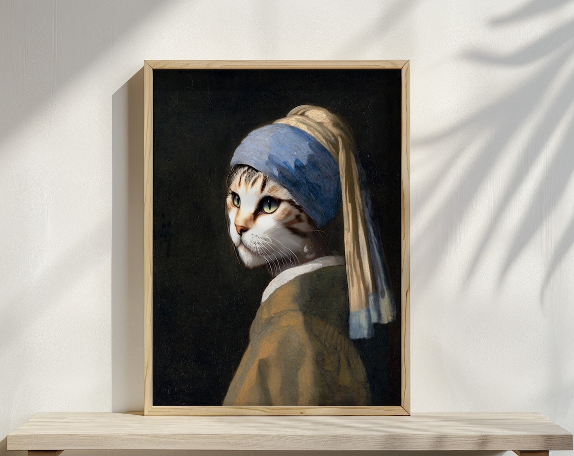Cat With A Pearl Earring Funny Altered Vintage Art Humorous Kitten Art Print