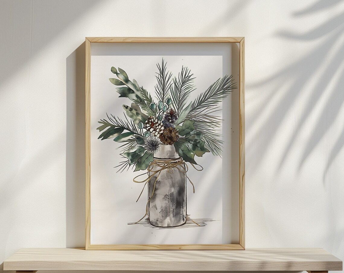 Winter Botanical Bouquet Watercolor Christmas Greenery Jar Art Print