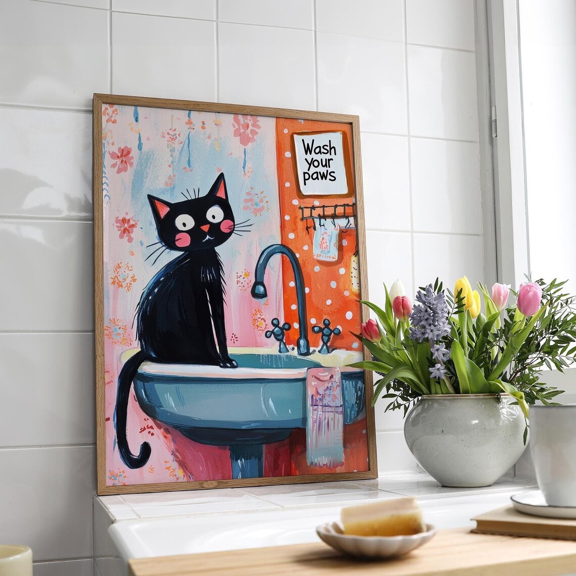 Wash Your Paws Funny Cat Bathroom Decor Art Print - Image 6