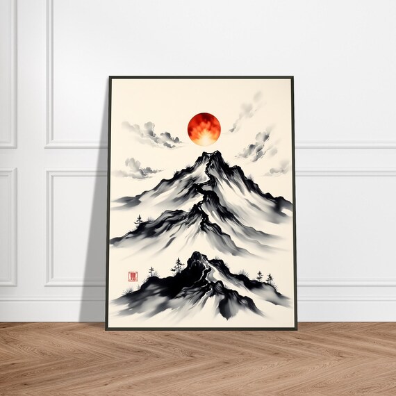 Black Ink Mountain Red Sun Minimalist Japanese Zen Art Poster
