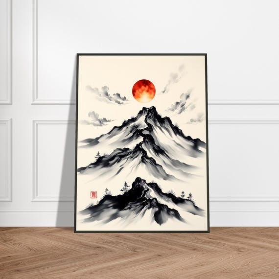 Red Sun Mountain Art Print Japanese Watercolor Ink Landscape Minimal Zen Nature Wall Decor Serene Sunrise Scene