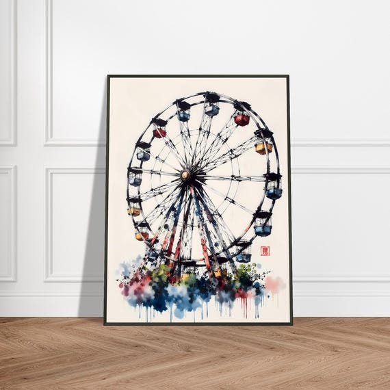 Ferris Wheel Watercolor Art Print Japanese Ink Carnival Illustration Colorful Zen Amusement Wall Decor Whimsical Fairground Scene