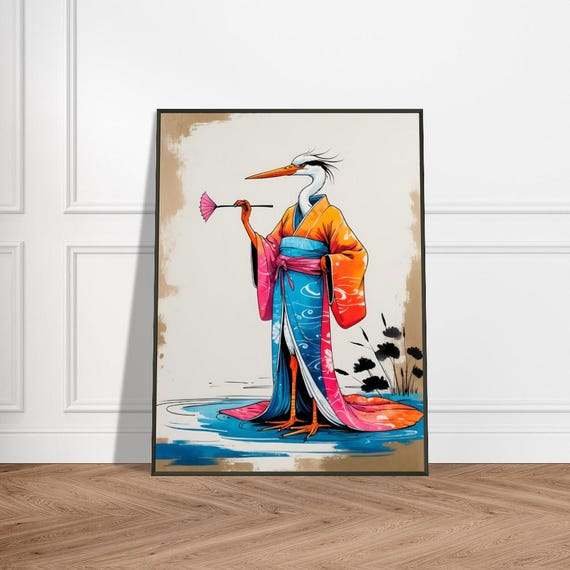 Elegant Crane In Kimono Wall Art With Metal Frame Japaneseinspired Ink Illustration Vibrant Orange And Blue Design Fan Water Motif