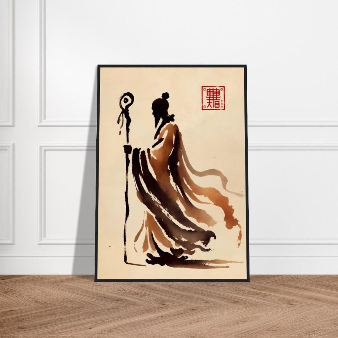 Zen Monk Silhouette With Staff and Wind Blown Robes Ink Art Poster