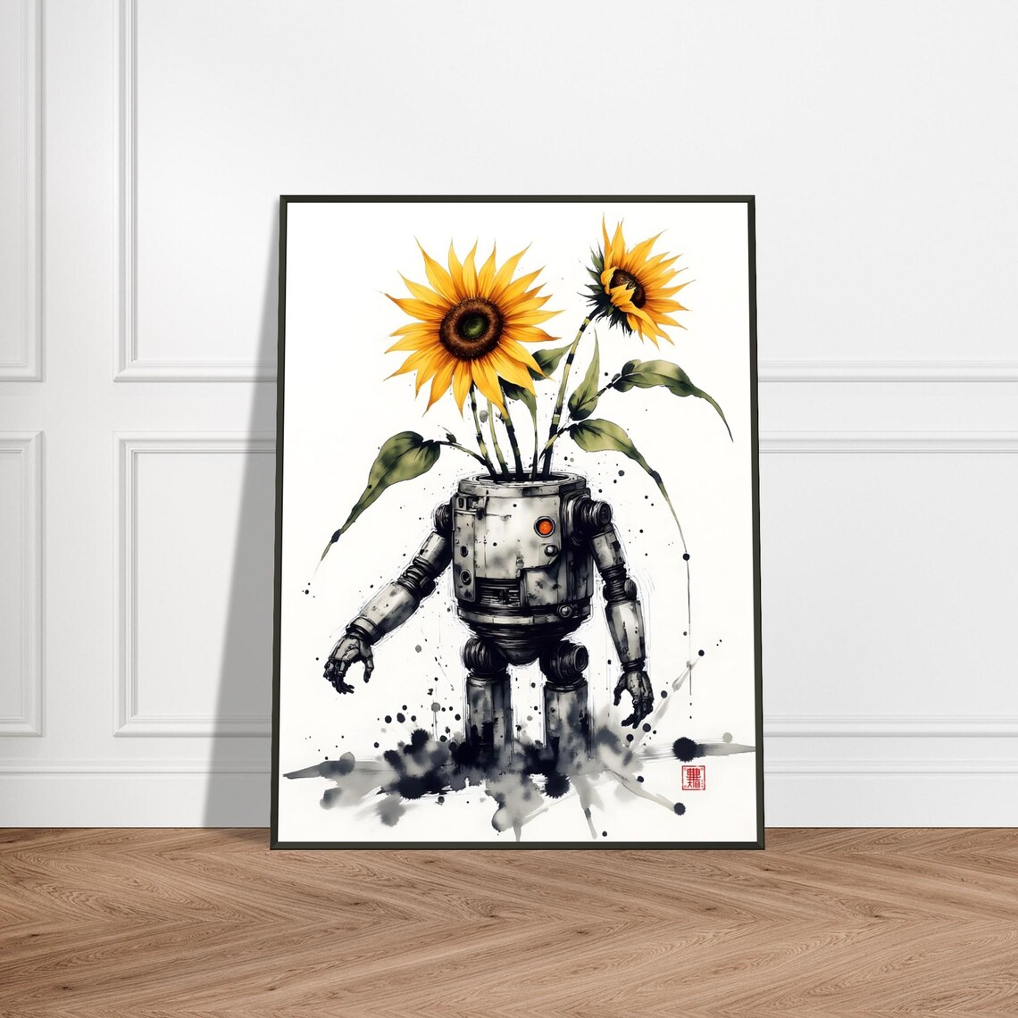 Robot Planter With Sunflowers Steampunk Ink Art Sci Fi Poster