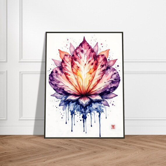 Grand Lotus Flower Purple Orange Dripping Ink Watercolor Poster