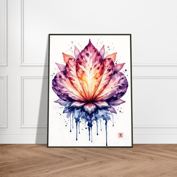 Metal Framed Japanese Flower Print Watercolor Purple Pink Bloom Art Zen Boho Wall Decor Spiritual Gift