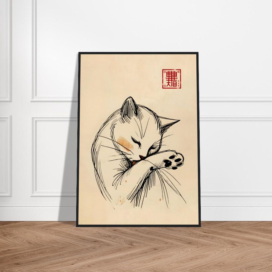 Cat Grooming Itself Ink Sketch Cute Japanese Art Poster White Cat