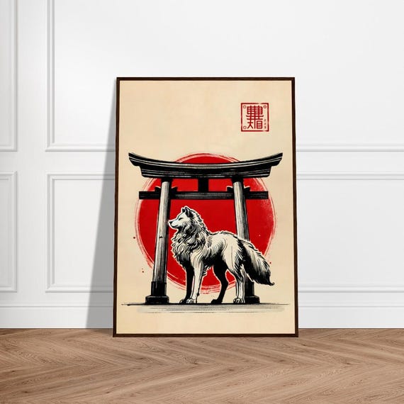 Japanese Wolf Art Poster Minimalist Wall Decor Museumquality Matte Paper Framed Zen Okuriinu Print Nature Artwork