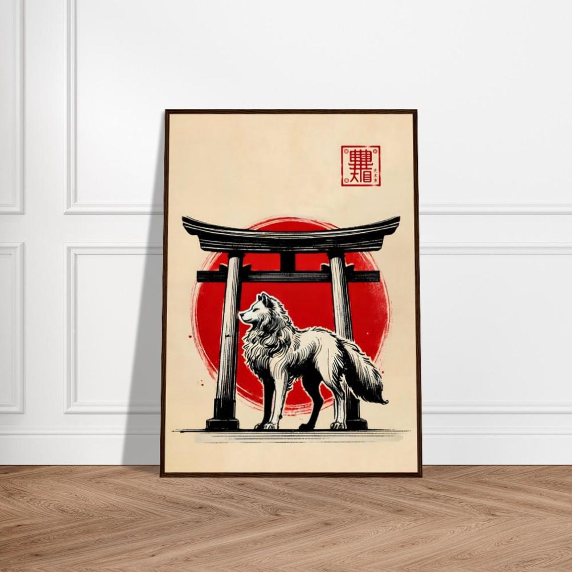 Japanese White Wolf by Torii Gate Against Bold Red Sun Poster
