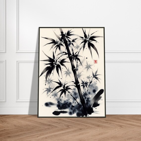 Black Ink Bamboo Stalks Japanese Sumi-e Brush Painting Wall Art