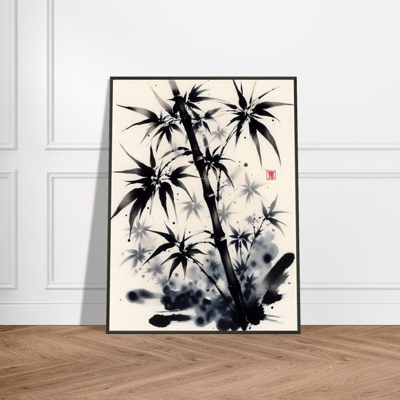 Japanese Bamboo Wall Art Black Ink Sumie Painting Of Stalks And Leaves Zen Print In Metal Frame For Home Or Office Decor